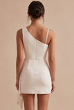 White Bodycon Asymmetrical One Shoulder Ruched Short Little White Dress
