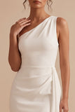 White Bodycon Asymmetrical One Shoulder Ruched Short Little White Dress