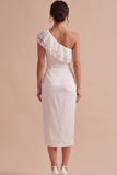 White Sheath One Shoulder Ruched Midi Little White Dress with Lace