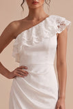 White Sheath One Shoulder Ruched Midi Little White Dress with Lace