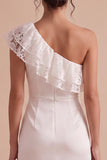 White Sheath One Shoulder Ruched Midi Little White Dress with Lace