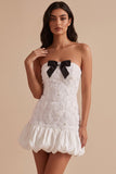 White Strapless Bodycon Bubble Hem Short Little White Dress with Bow