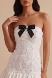 White Strapless Bodycon Bubble Hem Short Little White Dress with Bow