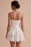 White Fitted Sweetheart Spaghetti Straps Tiered Short Little White Dress with Lace