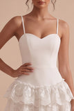White Fitted Sweetheart Spaghetti Straps Tiered Short Little White Dress with Lace