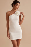 White Bodycon One Shoulder Short Little White Dress with 3D Flower