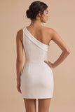 White Bodycon One Shoulder Short Little White Dress with 3D Flower