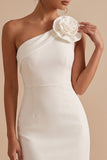 White Bodycon One Shoulder Short Little White Dress with 3D Flower
