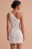 White Bodycon One Shoulder Short Little White Dress with 3D Flower