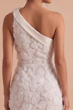 White Bodycon One Shoulder Short Little White Dress with 3D Flower