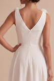 White A-Line V-Neck Ruched Midi Little White Dress with 3D Flower