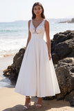 White A-Line V-Neck Lace Appliqued Tea-Length Wedding Dress