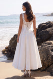 White A-Line V-Neck Lace Appliqued Tea-Length Wedding Dress