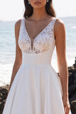 White A-Line V-Neck Lace Appliqued Tea-Length Wedding Dress