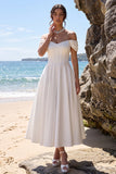 White Corset A-Line Off the Shoulder Satin Tea-Length Wedding Dress