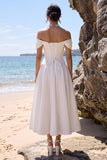 White Corset A-Line Off the Shoulder Satin Tea-Length Wedding Dress