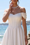 White Corset A-Line Off the Shoulder Satin Tea-Length Wedding Dress