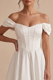 White Corset A-Line Off the Shoulder Satin Tea-Length Wedding Dress