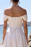 White Corset A-Line Off the Shoulder Satin Tea-Length Wedding Dress