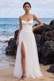 White Corset A-Line Spaghetti Straps Satin Maxi Wedding Dress with Side Slit