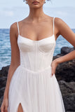 White Corset A-Line Spaghetti Straps Satin Maxi Wedding Dress with Side Slit