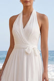 White A-Line Halter Chiffon Midi Wedding Dress with Sash