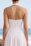 White A-Line Halter Chiffon Midi Wedding Dress with Sash