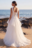 White A-Line V-Neck Satin Organza Tiered Maxi Wedding Dress