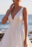 White A-Line V-Neck Satin Organza Tiered Maxi Wedding Dress