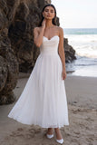 White A-Line Chiffon Strapless Ruched Lace Tea-Length Wedding Dress