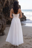 White A-Line Chiffon Strapless Ruched Lace Tea-Length Wedding Dress
