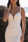 White Mermaid Satin Tulle Corset Sweetheart Ruched Midi Wedding Dress