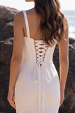 White Mermaid Satin Tulle Corset Sweetheart Ruched Midi Wedding Dress