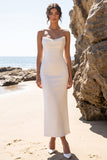 White Sheath Satin Cowl Neck Strapless Maxi Wedding Dress with Back Slit