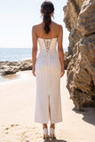 White Sheath Satin Cowl Neck Strapless Maxi Wedding Dress with Back Slit