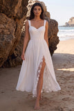 White A-Line Sweetheart Ruched Chiffon Midi Wedding Dress with Lace Side Slit