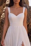 White A-Line Sweetheart Ruched Chiffon Midi Wedding Dress with Lace Side Slit