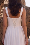 White A-Line Sweetheart Ruched Chiffon Midi Wedding Dress with Lace Side Slit