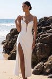 White Corset Sheath V-Neck Ruched Tulle Maxi Wedding Dress with Side Slit