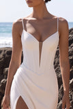 White Corset Sheath V-Neck Ruched Tulle Maxi Wedding Dress with Side Slit