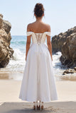White A-Line Off the Shoulder Ruched Satin Maxi Wedding Dress with Lace Slit