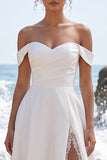 White A-Line Off the Shoulder Ruched Satin Maxi Wedding Dress with Lace Slit