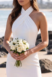 White Halter Sheath Tulle Mini Wedding Dress