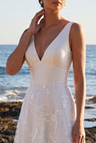 White A-Line V-Neck Satin Lace Appliques Maxi Wedding Dress