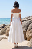 White A-Line Off the Shoulder Ruched Satin Tea-Length Wedding Dress with Lace