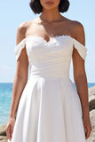White A-Line Off the Shoulder Ruched Satin Tea-Length Wedding Dress with Lace