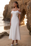 White A-Line Cold Shoulder Appliqued Tea-Length Wedding Dress