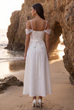 White A-Line Cold Shoulder Appliqued Tea-Length Wedding Dress