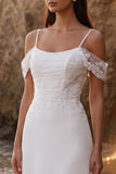 White A-Line Cold Shoulder Appliqued Tea-Length Wedding Dress