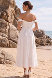 White A-Line Off the Shoulder Ruched Chiffon Midi Wedding Dress